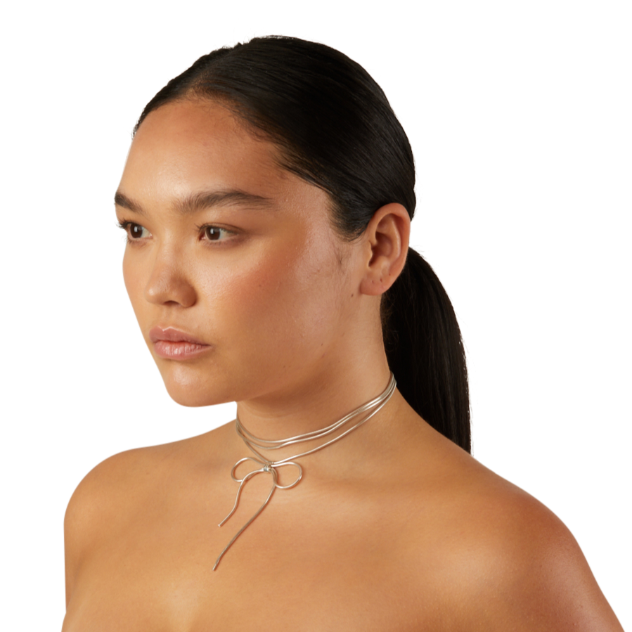 BowLace925SterlingSilverNecklaceNeckSideBOBBY